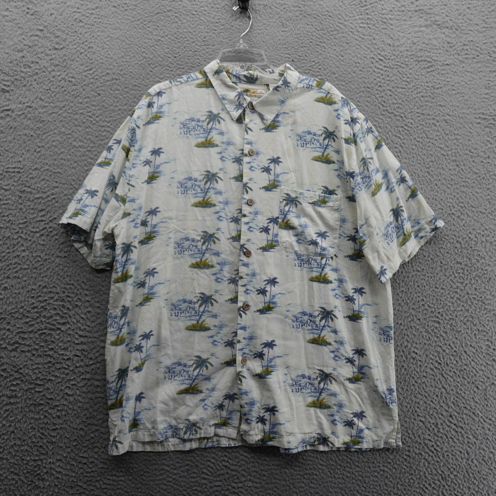 Joe Marlin Short Sleeve Hawaiian Shirt XXL Ivory Blue Palm Trees Mens Tropical