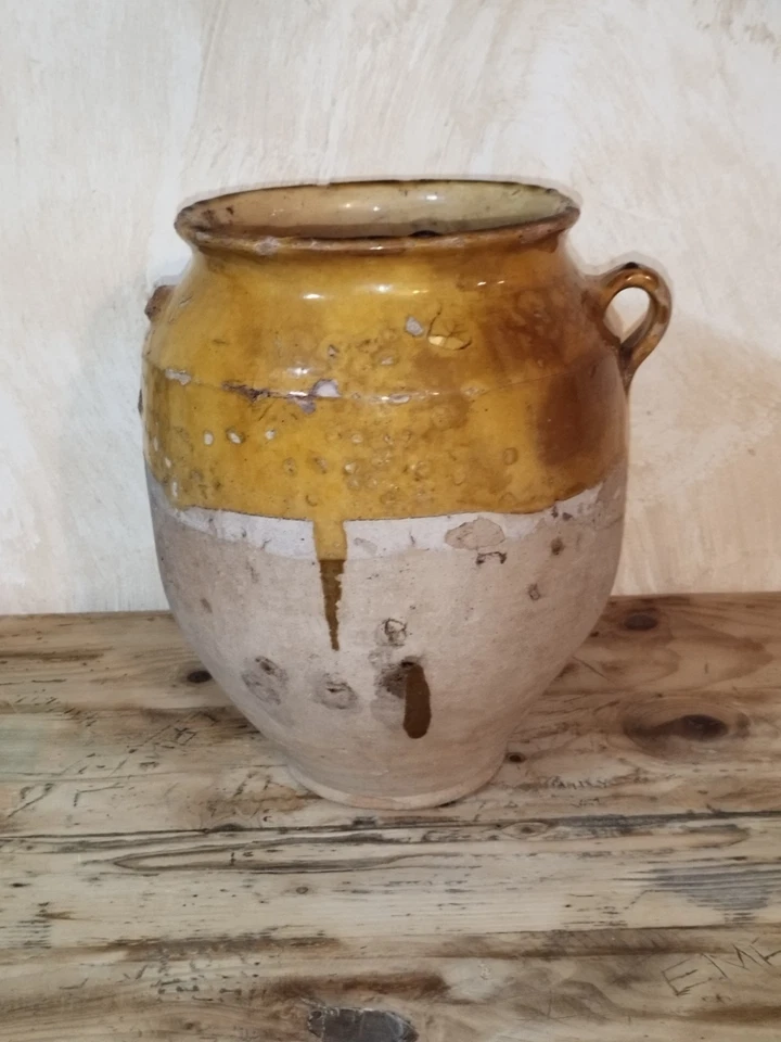 Ancien pot a confit terre cuite émaillé jaune Sud Ouest 19 ème - Photo 2/4