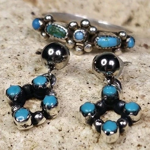 Sterling SILVER Zuni PETIT POINT Turquoise SET~ Sz 6 Ring, Earrings VTG Unmarked