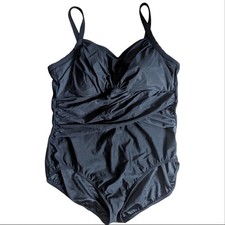 Lands' End Black Ruched Cross Over Tummy Control Strappy One Piece Swimsuit