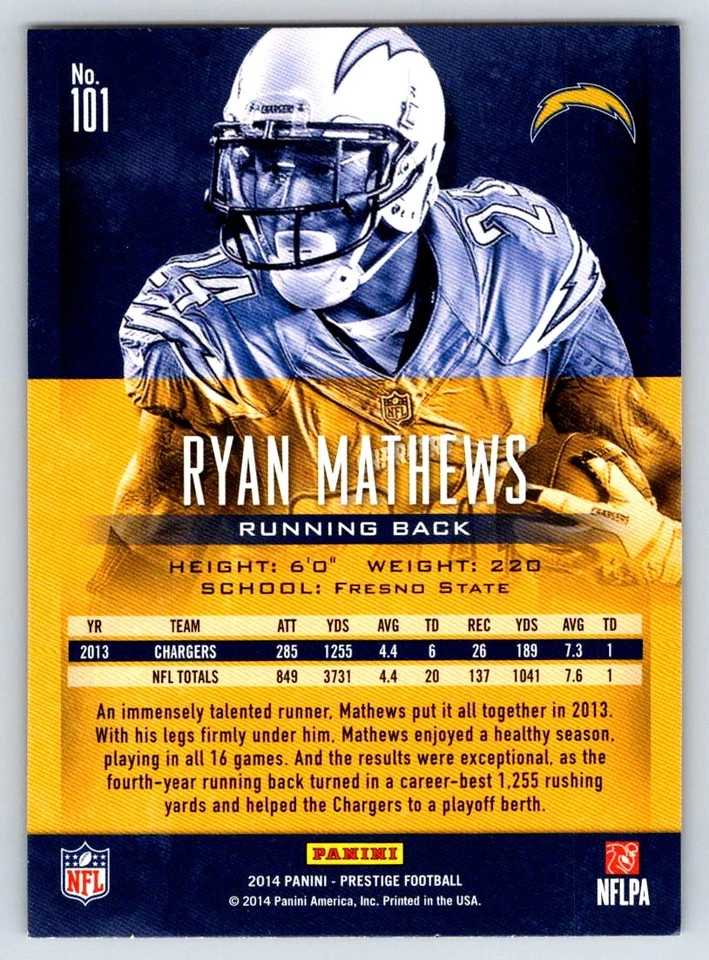 2014 Panini Prestige 101 Ryan Mathews San Diego Chargers Football Card - Image 2 of 2