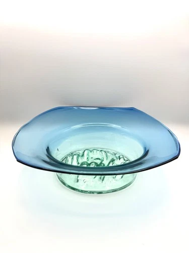 Blenko Big Sky Large Art Glass Bowl 8228 Green Blue 1982 Don Shepard Mountains