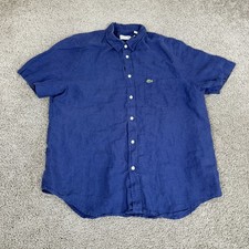 Lacoste Shirt Mens XL Blue Linen Short Sleeve Button Front Regular Fit Casual