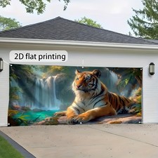 2D Flat, 1pc Large Jungle Tiger Garage Door Mural - Realistic 2D Tiger & Jungle