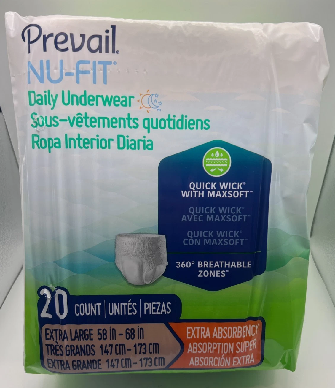Prevail Nu-Fit Adult Diapers Extra Absorbency Pull Up XL 4 packs of 20 80 Pc New