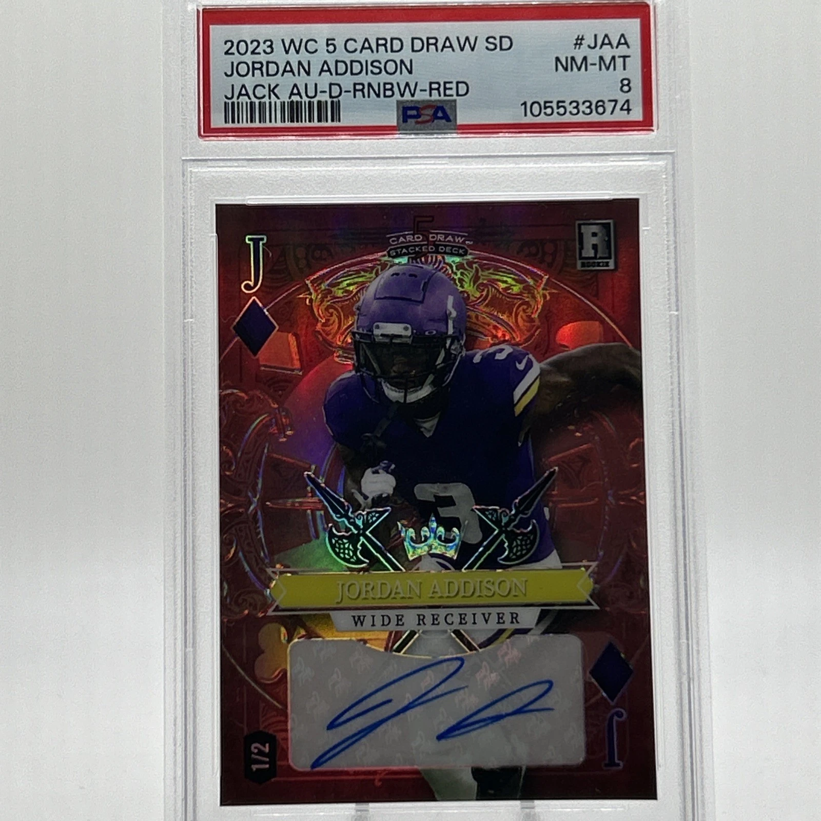 Jordan Addison Wild Card 5 Card Draw Stacked Deck Jack Autographs #JAA Diamond-Rainbow Foil-Red