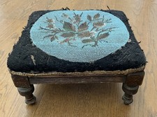 Antique Beaded Needlepoint Wood Legged Footrest Footstool READ DESCRIPTION