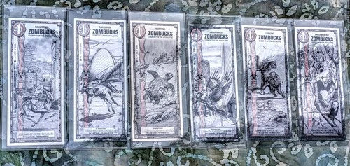 6PC  Zombucks Silver Notes  set 1/1000th oz Silver in each one in Protective Slv