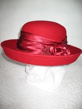 Stunning Red Wool Felt Hat W/Red Satin Band Upturned Brim Satin Roses Sequins EC