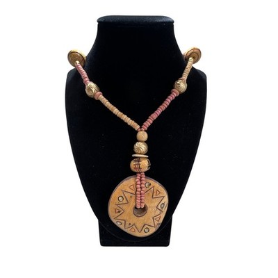 WOOD PENDANT Beaded Necklace Womens Pink Tan Tribal Boho Natural Statement