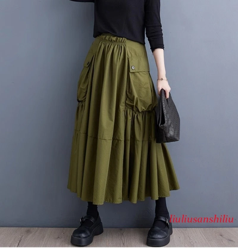 Women Loose Pockets High-waisted Skirt Japanese-style Pleated Dress Casual Skirt