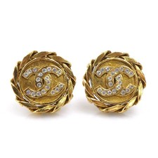 Auth CHANEL CC Logo Earrings Gold/Silver Metal/Rhinestone - e61489i