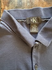 Calvin Klein Mens Large Striped Blue Polo Shirt Short Sleeve Shirt 100 Cotton