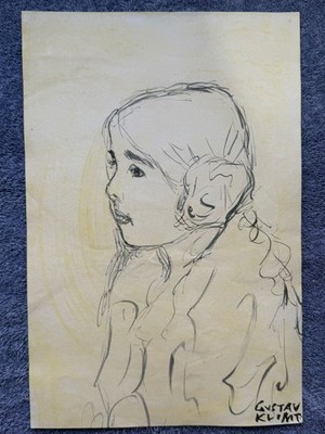 GUSTAV KLIMT drawing and painting on old paper signed stamped vintage