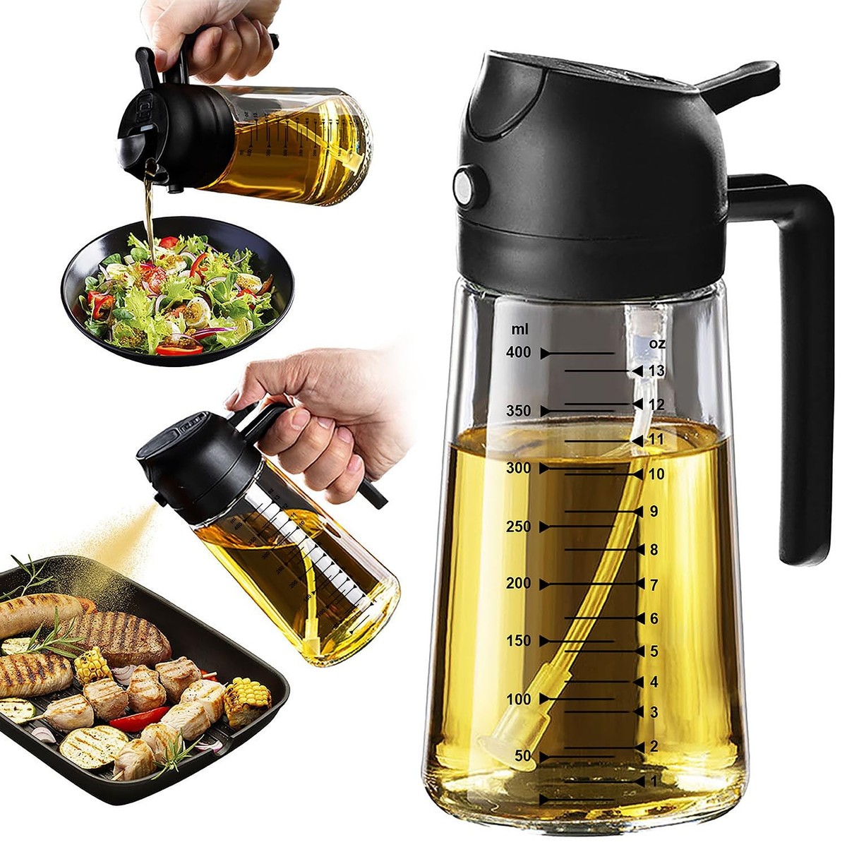 TrendPlain 16oz/470ml Glass Olive Oil Sprayer for Cooking – 2 in 1