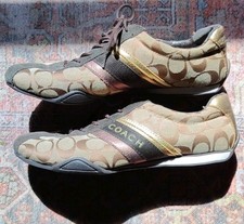 Coach Signature Brown Gold Canvas Logo Print Sneakers Metallic Accents - 9