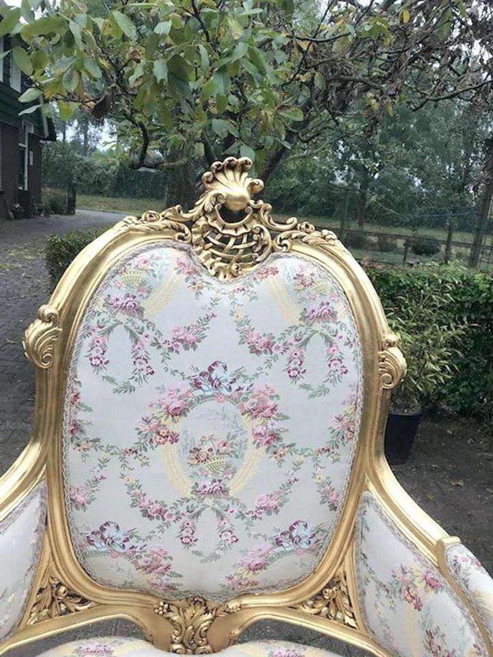 Par de sillas Bèrgère Luis XVI francesas doradas damasco vintage de lujo Foto 2 de 4