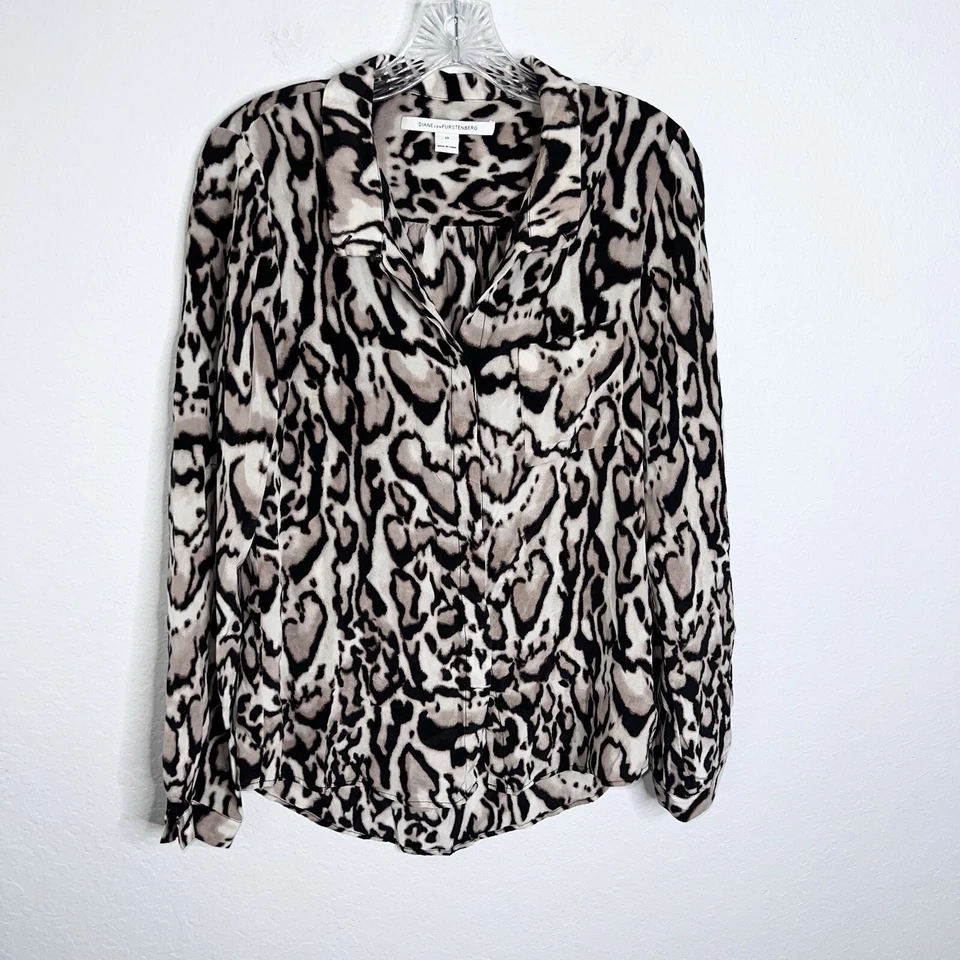 Blusa Top Diane Von Furstenberg Mujer Talla 10 Seda Estampado Animal Guepardo Leopardo