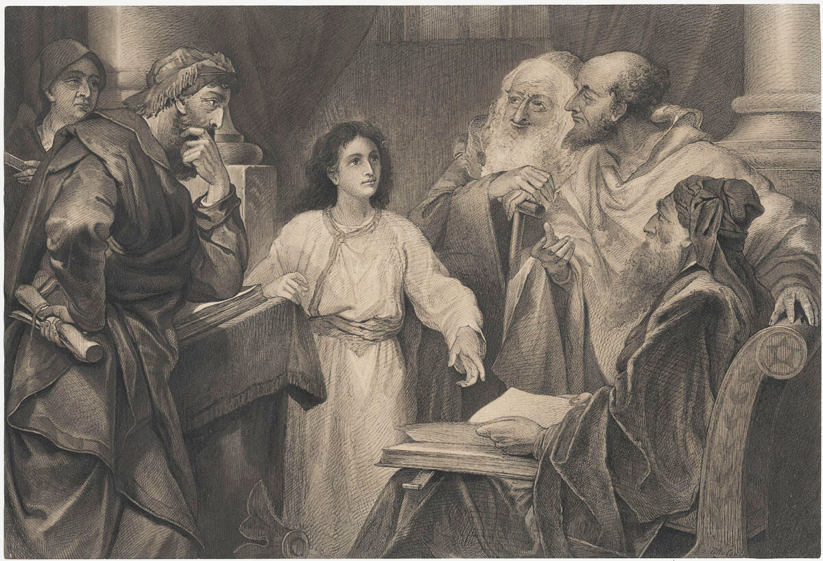 Anonymus : Der zwölfjährige Jesus im Tempel. - Federzeichnung