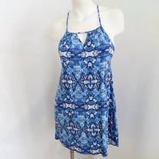 Wild Pearl Dress Womens M Blue White Geometric Halter Hi Low Boho Sundress Beach