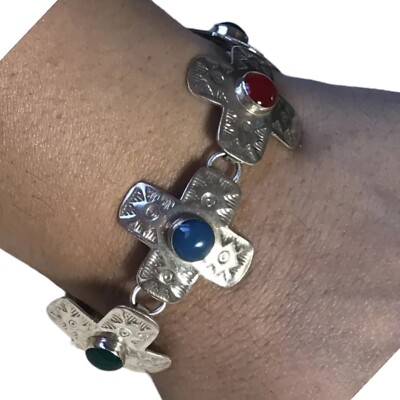 Mexico 925 sterling silver multi stone Hammered Crosses bracelet