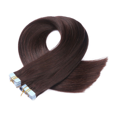 Tape In / On - 2 DUNKELBRAUN) Hair Extensions Echthaar Strähnen Haarverlängerung