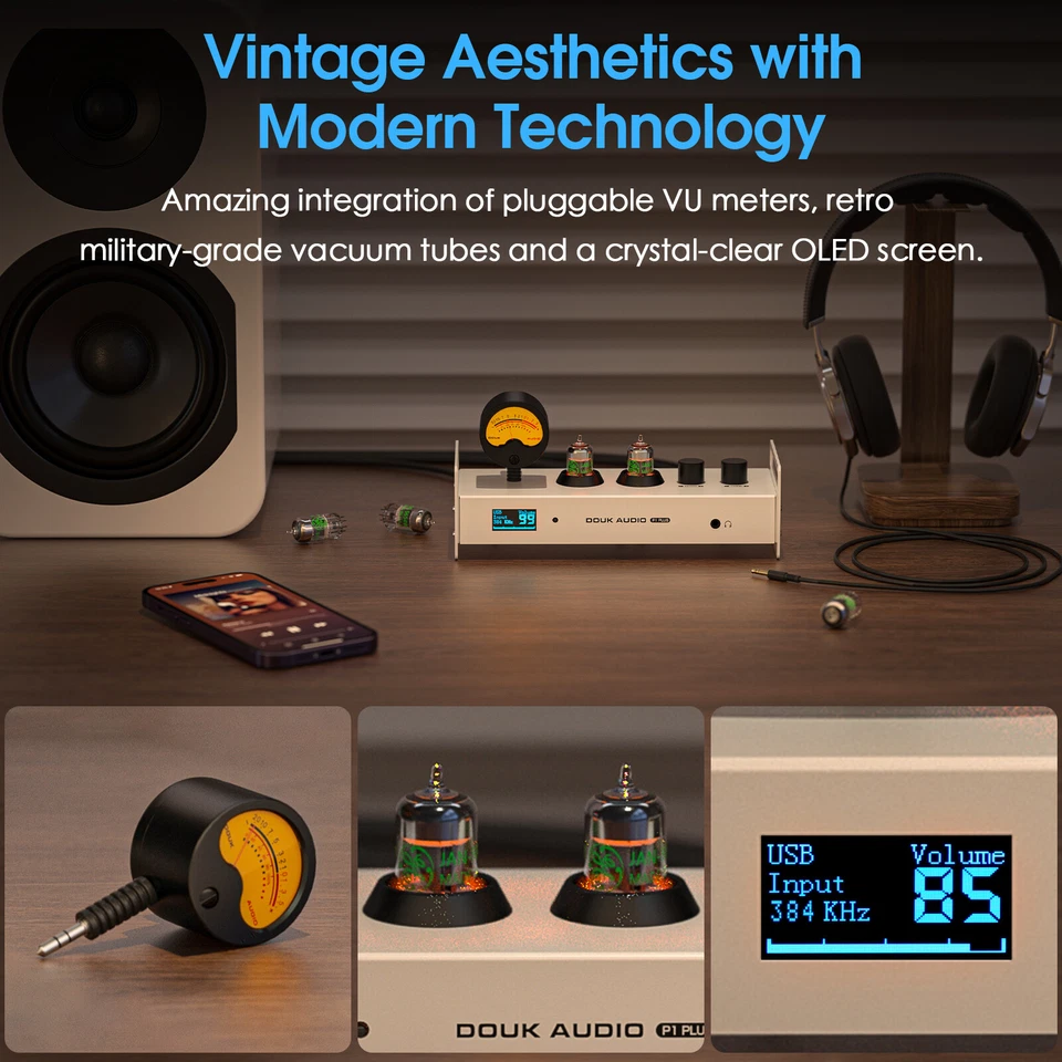 Douk Audio P1PLUS Bluetooth Tube Preamp USB DAC Headphone Amp w/VU Meter DSD256 - Image 4 of 4