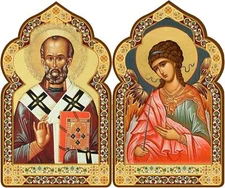 St Nicholas and Guardian Angel Byzantine Orthodox Catholic Icon Diptych 7 1/2 In