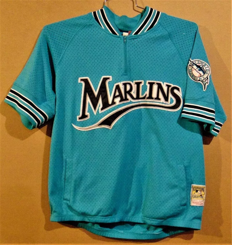 Men's Florida Marlins Andre Dawson Mitchell & Ness Teal Cooperstown  Collection Mesh Batting Practice Quarter-Zip Jersey