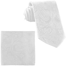New Men's Polyester Woven Neck Tie necktie & hankie set white paisley wedding