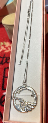 Vintage Sterling Silver 925 Great Blue Heron Mobius Circle Pendant Necklace 19''L