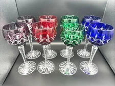 AJKA Crystal Cut ARABELLA 8.25” Stemmed Wine Glasses 8pc Green Cobalt Purple Red
