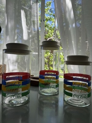 Vintage Coca-Cola Set of 3 Glass Canisters Multicolor Stripes White Lids 