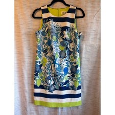 Eliza J Coastal Nautical Striped Shell Coral Print Shift Dress Blue Lime 6