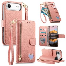 For iPhone 12/13/14/15/16/17 Pro Max Zipper Wallet Card Stand Wrist Strap Case