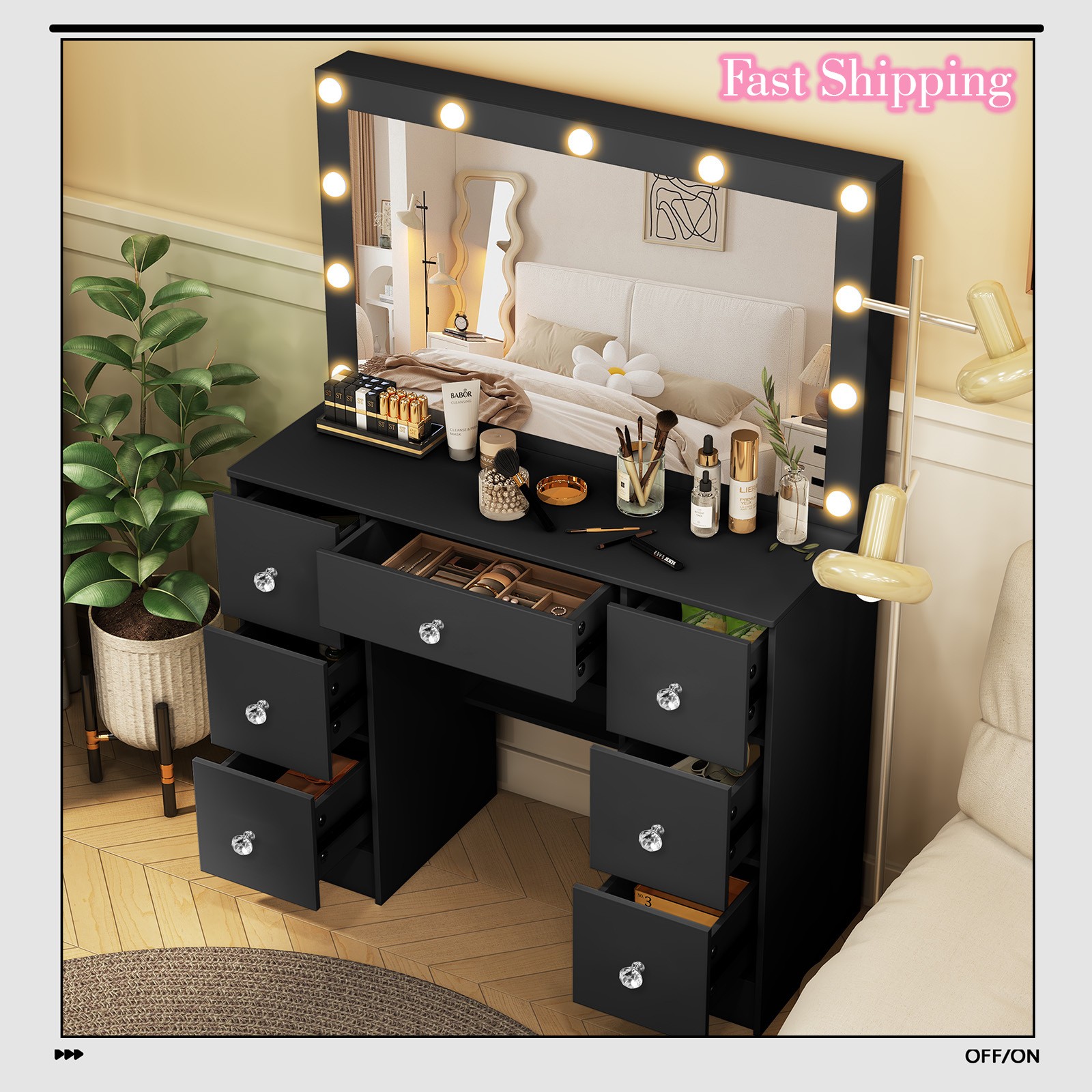 Black Makeup Vanity Desk Set with 11 Lights, Large Mirror & 7 Drawers