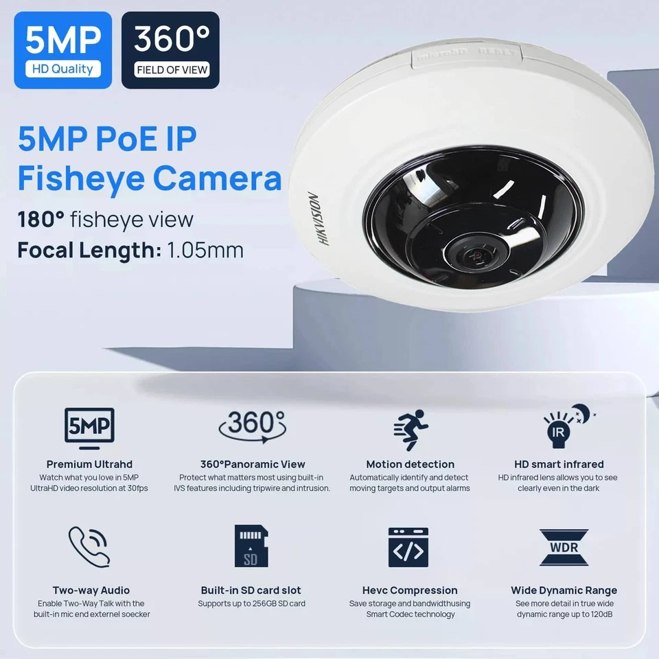 Hikvision Fisheye ip Camera 5MP 360° indoor celling IR camera DS-2CD2955G0-ISU - Image 2 of 4