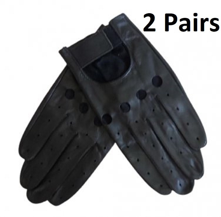 Unisex Blk Leather Driving Motorcycle Gloves w Hook & Loop -Sz L - 2 PAIRS -NEW!