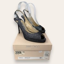 Jimmy Choo Anthracite Lame Glitter Slingback Heels Peeptoe Stiletto 38.5 Women s
