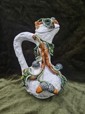 Vintage Majollica Palissy Style Lidded Ewer / Decanter With Relief Oak Tree