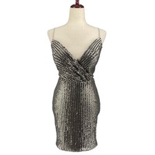 La Femme Sequin Mini Dress 2 Silver Open Back Deep Sweetheart Neckline Evening