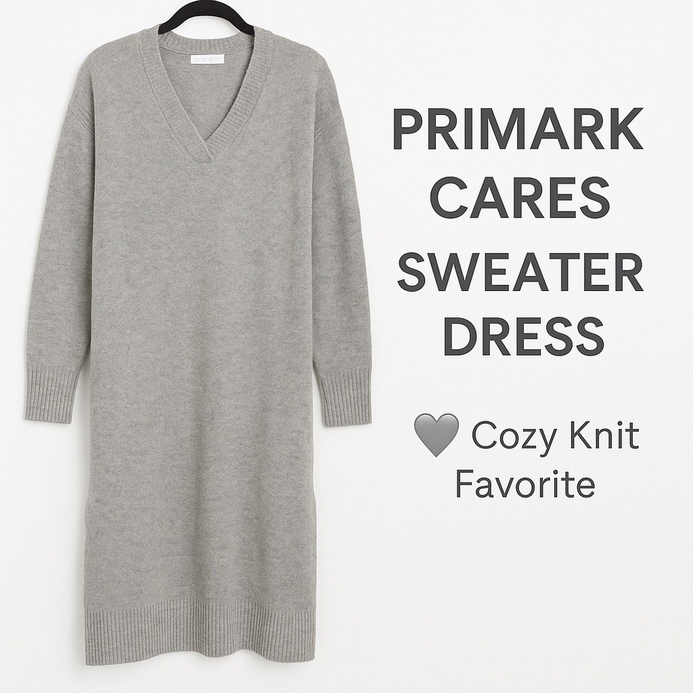 primark knit dress Primark Cares Gray V-Neck Long Sleeve Sweater Dress Size M