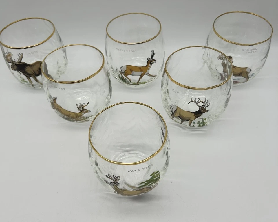 SET OF 6 Wild life BARWARE with gold rim Moose white tailed deer and more - Image 2 of 4