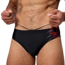 SPEEDO MENS SWIMMING BRIEFS.7cm MEDLEY LOGO BLACK RED SWIM TRUNKS SWIMMERS S26