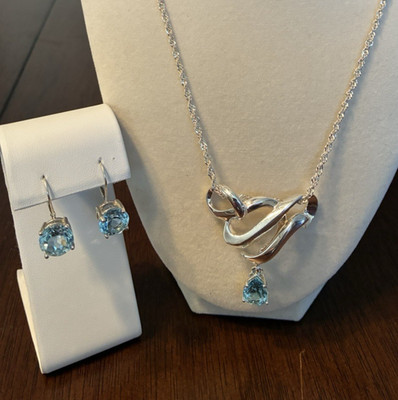 STUNNING UTC SIGNED 925 PENDANT BLUE TOPAZ 925 20  NECKLACE & Earrings