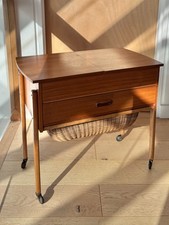 Vintage Danish Sewing Trolley with Sliding Doors, Drawer and Wicker Wool Basket
