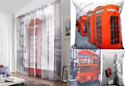 Rote London-Telefonbox Vorhänge Mit Ösen - Paar Westminister Voile Vorhänge Im Vintage-Look