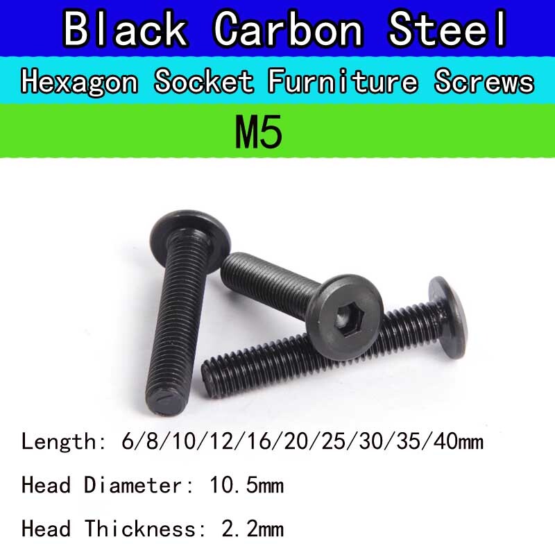 M5 Black Carbon Steel Large Flat Head Hex Socket Screw Chamfered