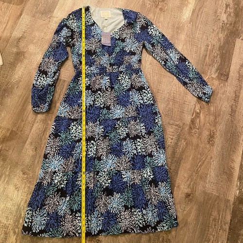 Sail To Sable Women's S Long Sleeve Blue Coral Print Midi Dress Coastal Resort - Picture 9 of 12