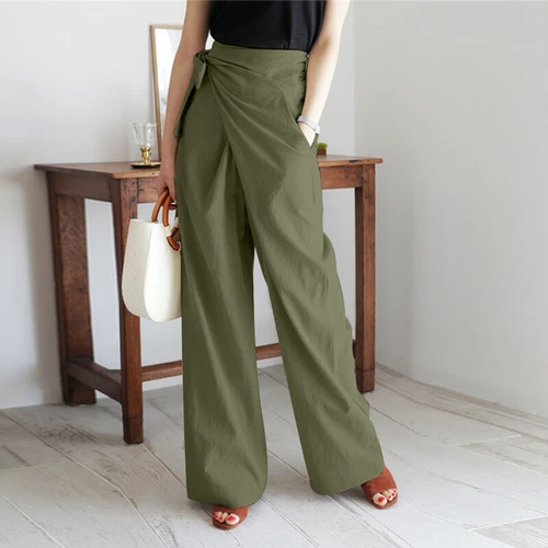 Damen High Waist Wickelhose Lange Hose Freizeit Locker Weites Bein Damen Palazzo - Bild 5 von 23